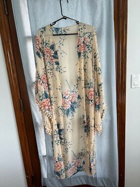 Floral Cream Kimono Cardigan with Pink Blooms